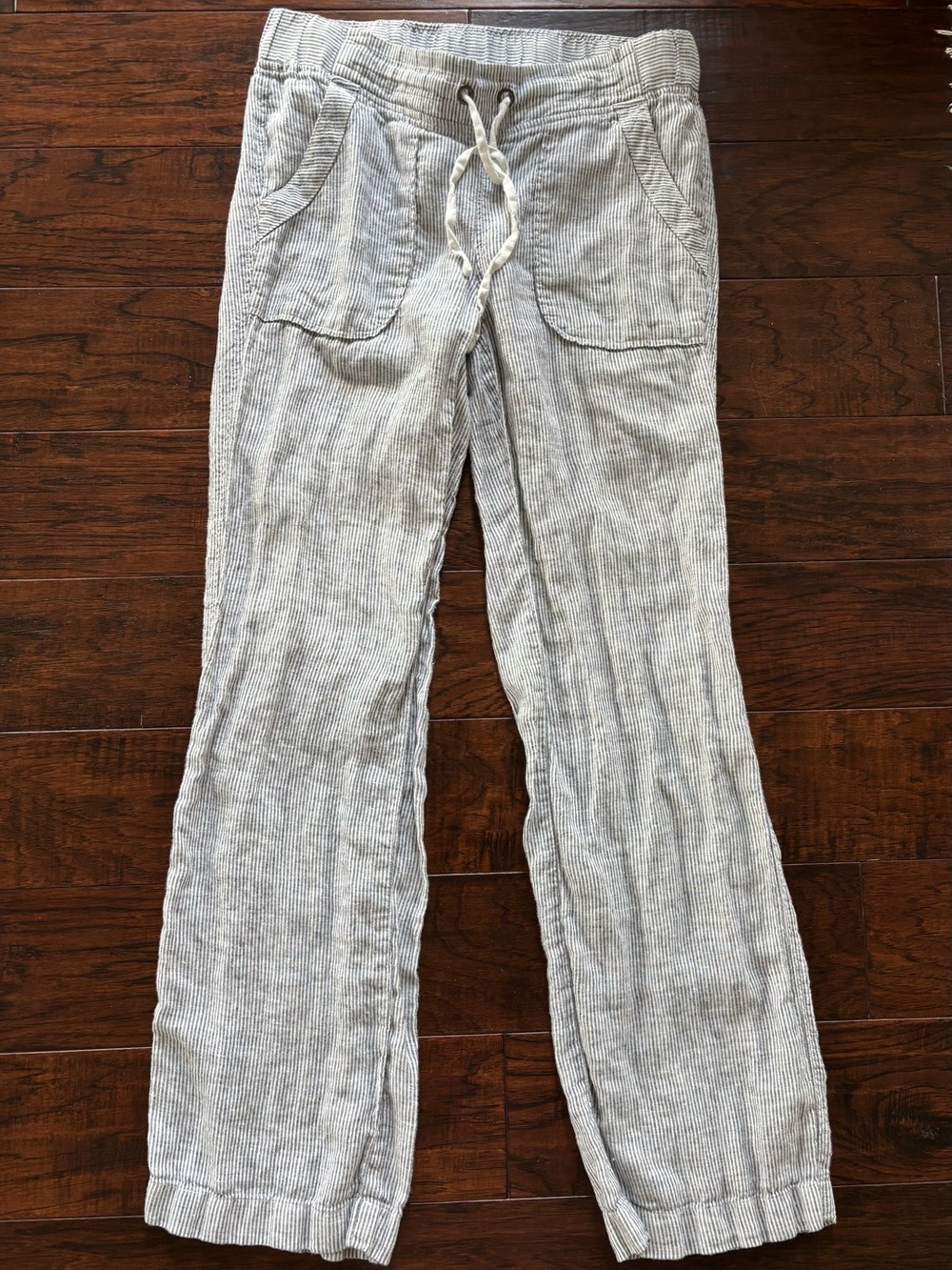 Athleta Gray and White Striped Drawstring Pants